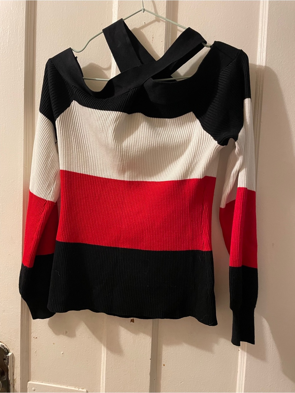 Women’s Striped Off-Shoulder Sweater - Black, White & Red